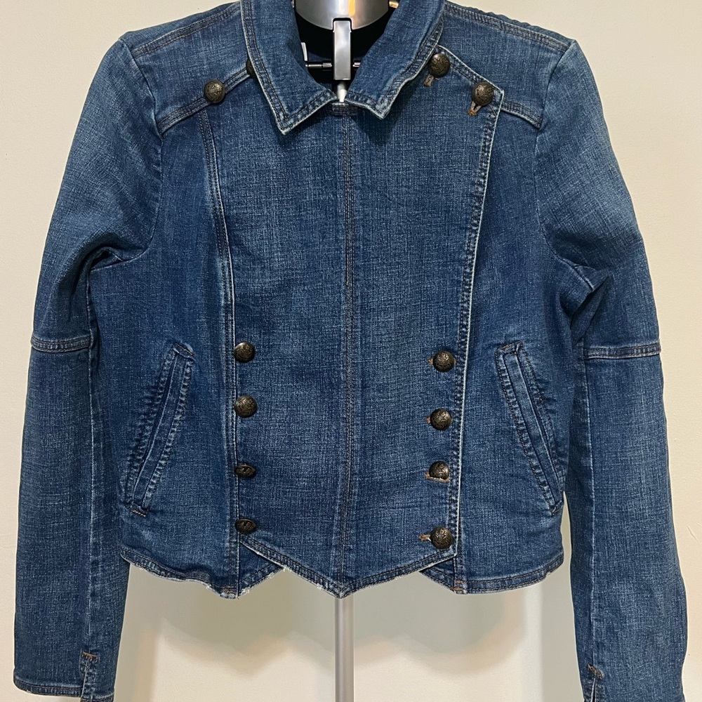 Free People Blue Double-Breasted Jean Jacket